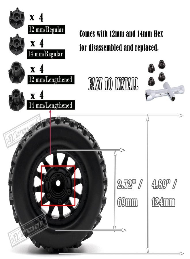 Rcarmumb 12mm/14mm Hex RC Truck Tires Wheel for 1/10 Arrm a Granite Vorteks Big Rock,Rustler Stampede Hoss/Axia1 LOS1 Red cat Rc 4wd,4pcs Rc Truck Tires,Black - Image 3